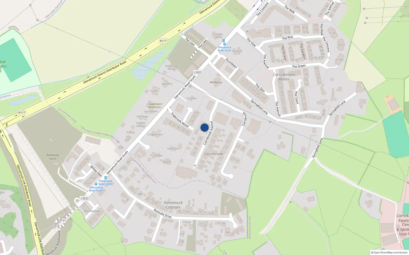 Overhead map showing the location of 28-39 Cairnbrook Avenue, Carrickmines
