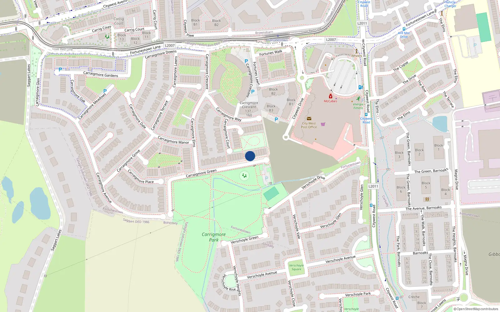 Overhead map showing the location of 39 Carrigmore Green, Dublin