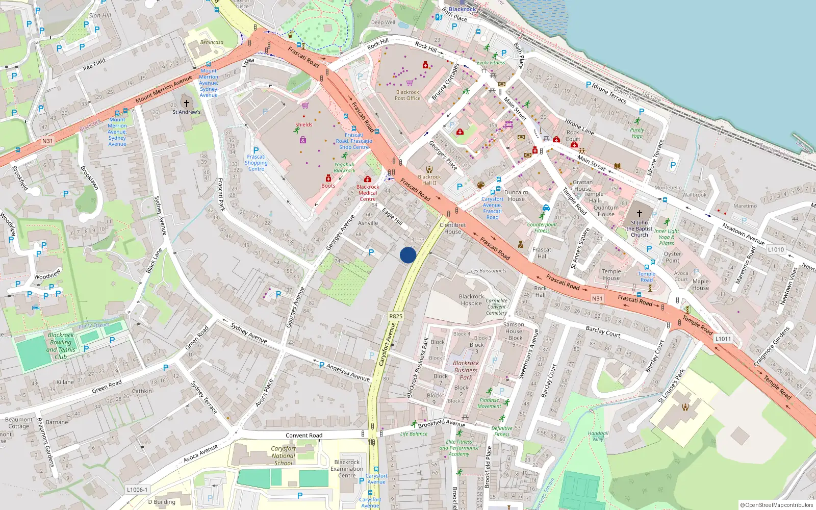 Overhead map showing the location of 39 Carysfort Avenue, Blackrock