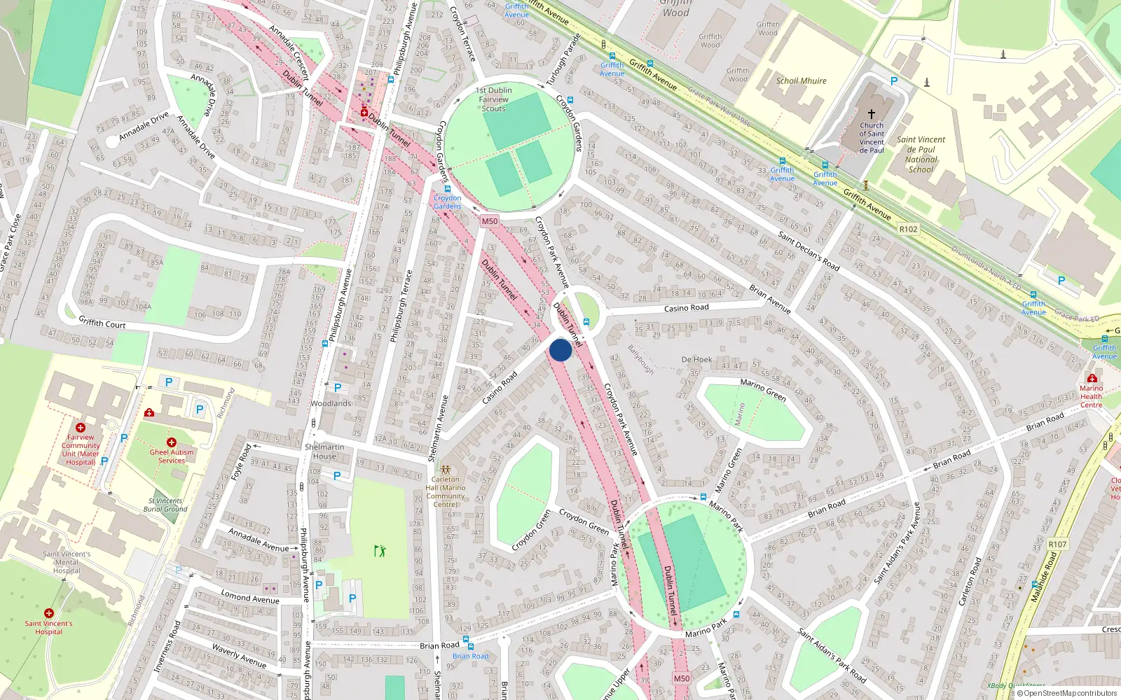 Overhead map showing the location of 39 Casino Road, Marino, Dublin 3