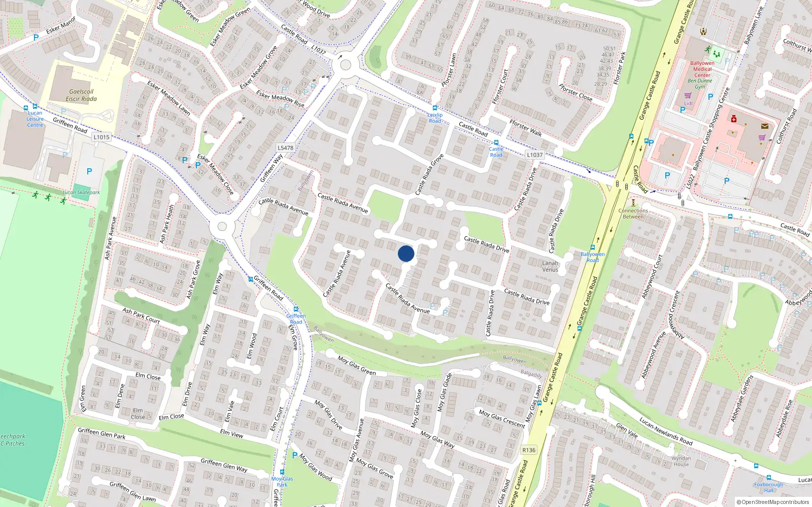 Overhead map showing the location of 39 Castle Riada Grove, Lucan