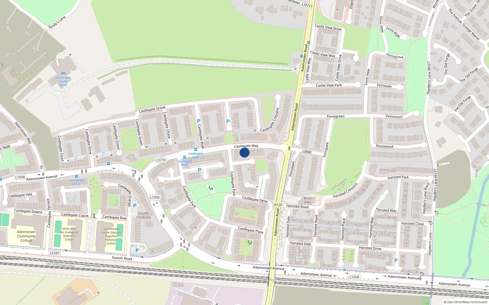 Overhead map showing the location of 39 Castlegate Way, Lucan