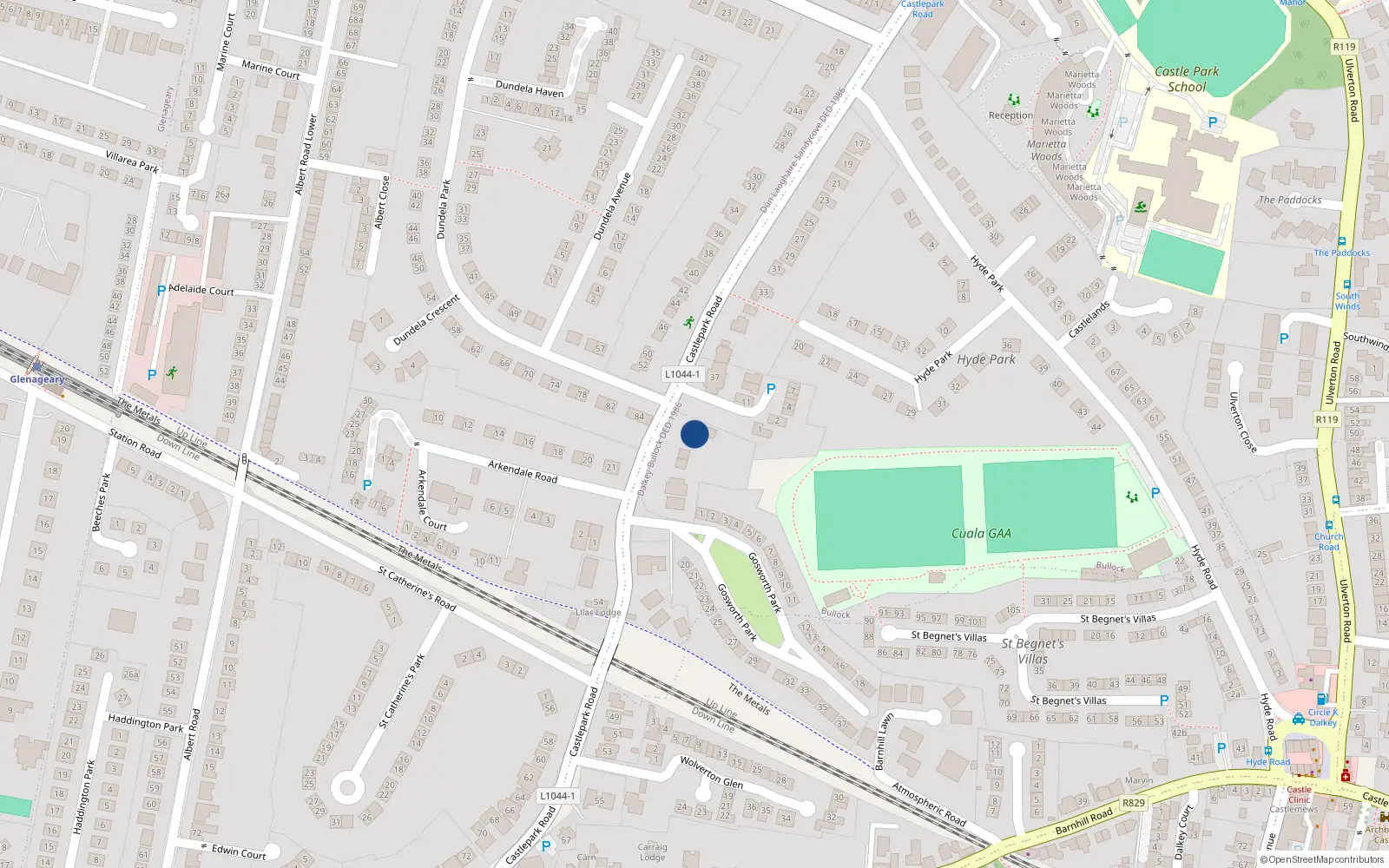 Overhead map showing the location of 39 Castlepark Road, Dalkey, Co Dublin