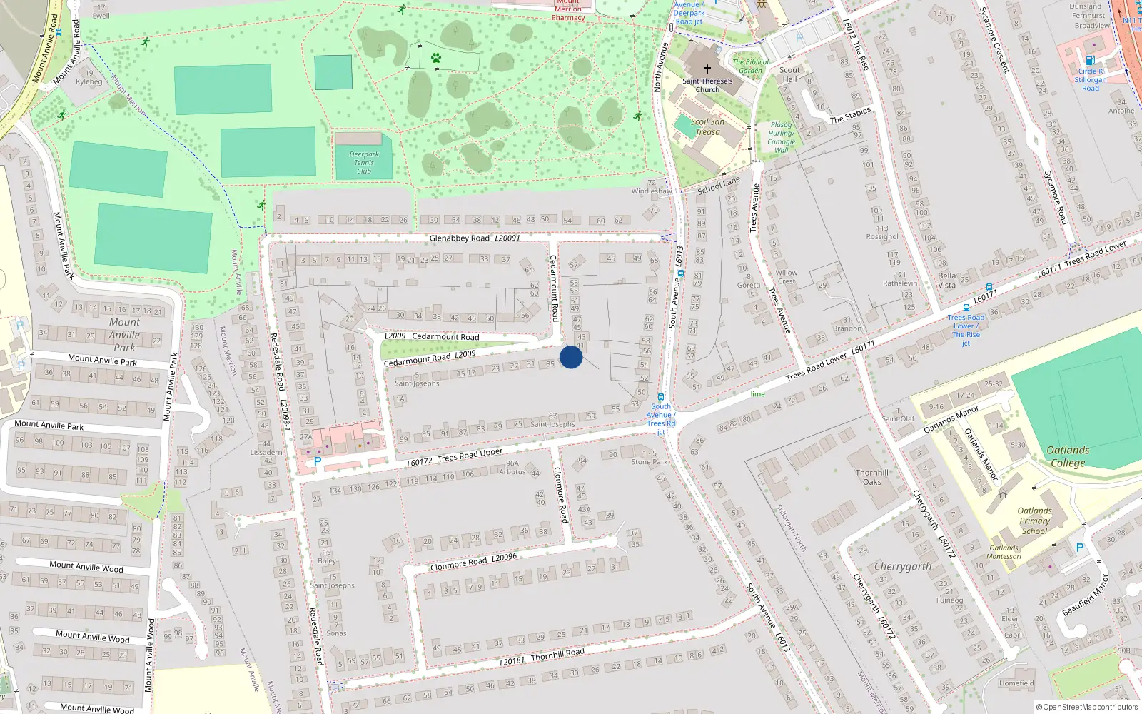 Overhead map showing the location of 39 Cedermount Road, Mount Merrion, Dublin