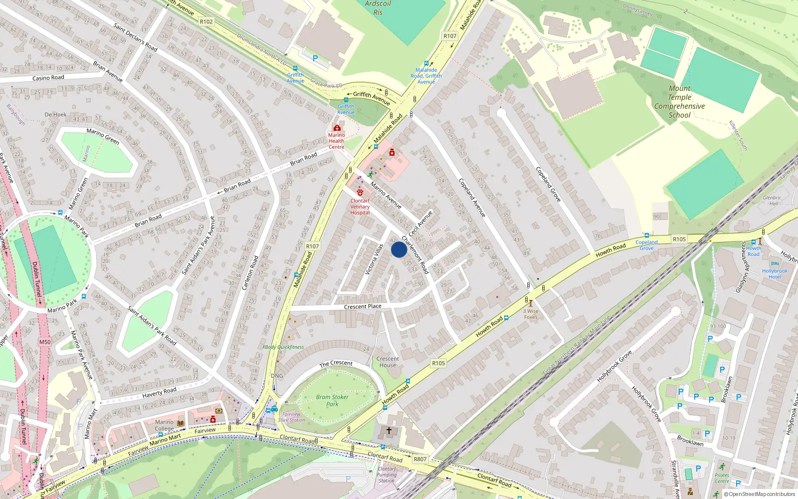 Overhead map showing the location of 39 Charlemont Road, Clontarf, Dublin 3