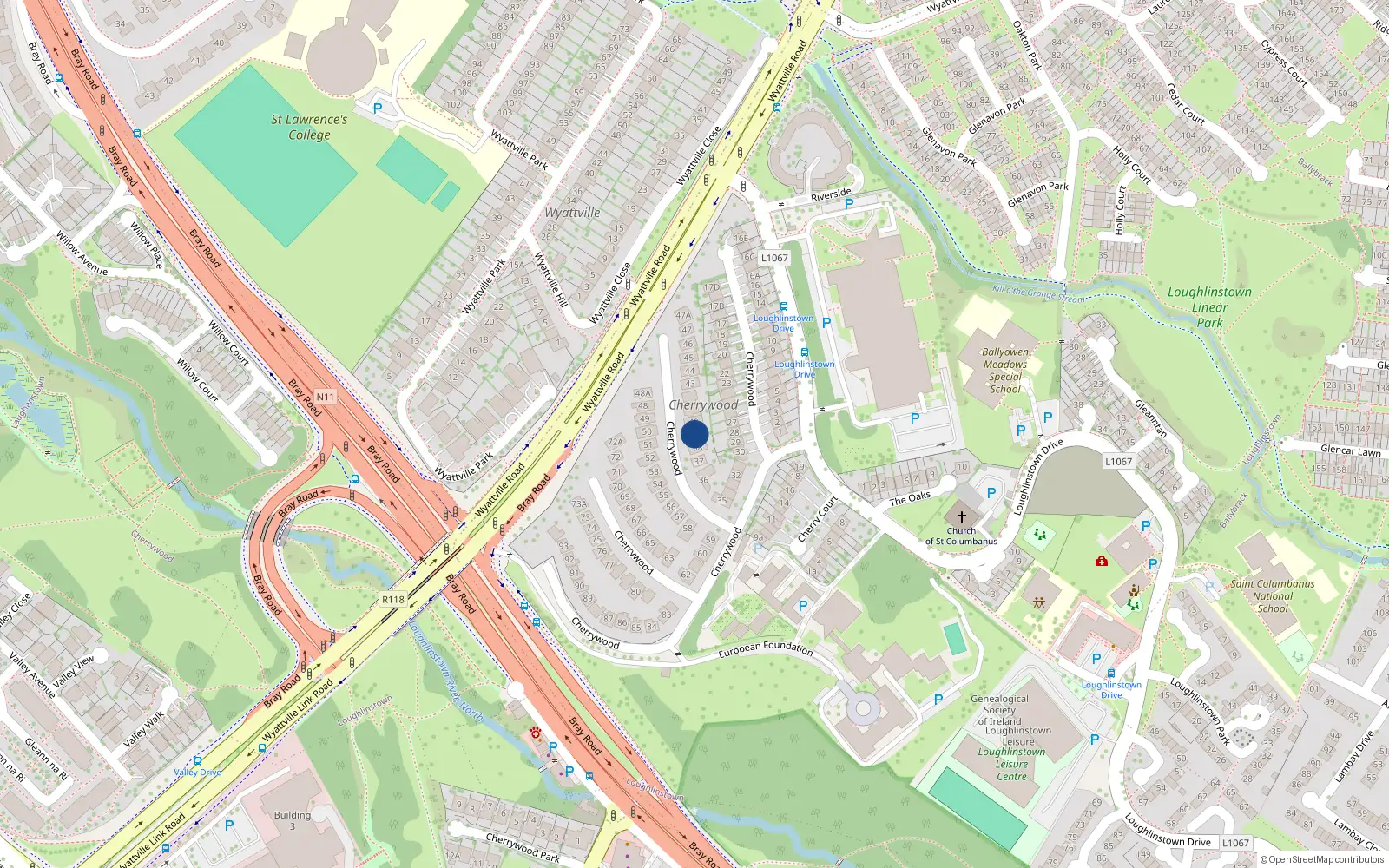 Overhead map showing the location of 39 Cherrywood, Dublin