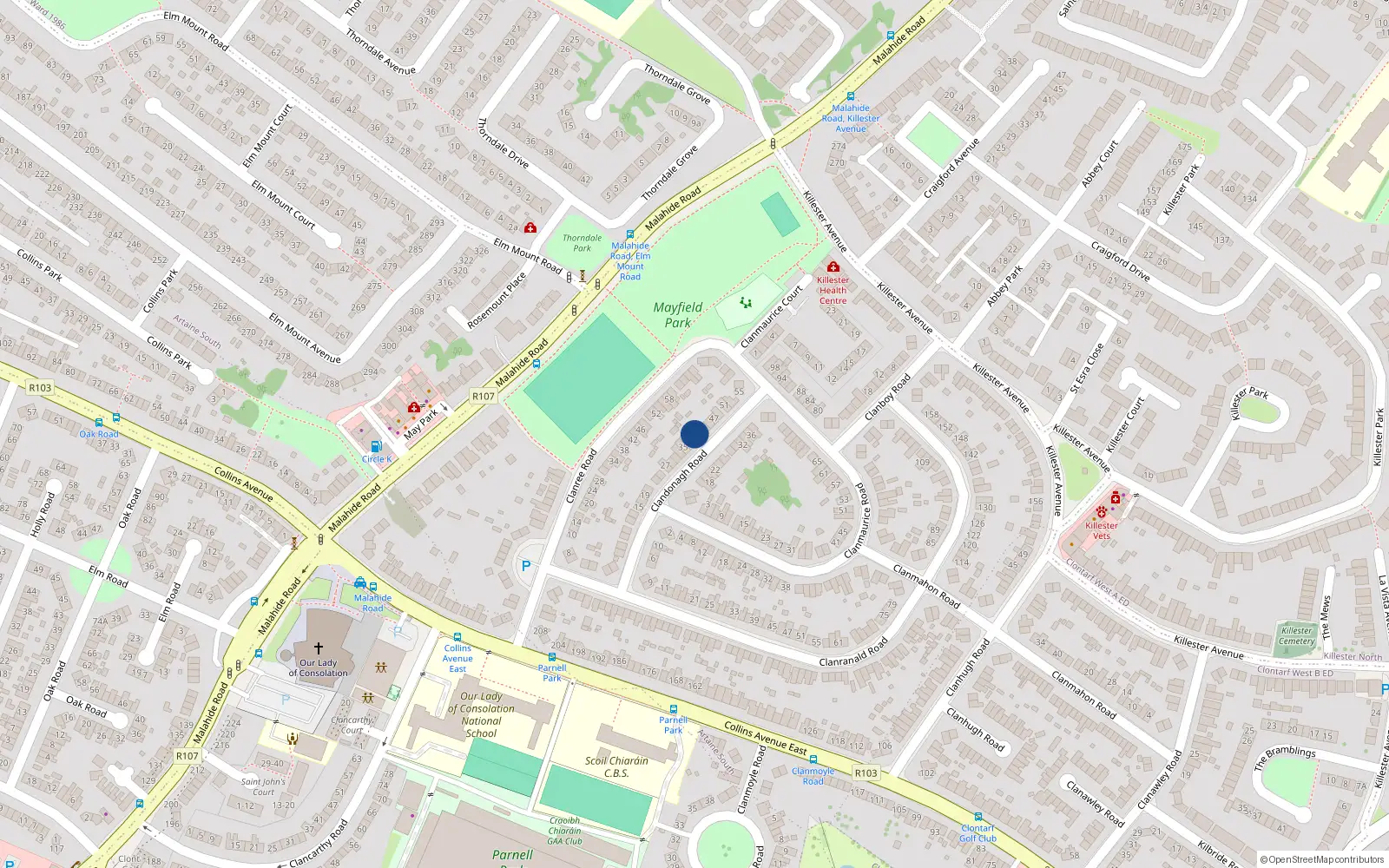 Overhead map showing the location of 39 Clandonagh Road, Dublin 5