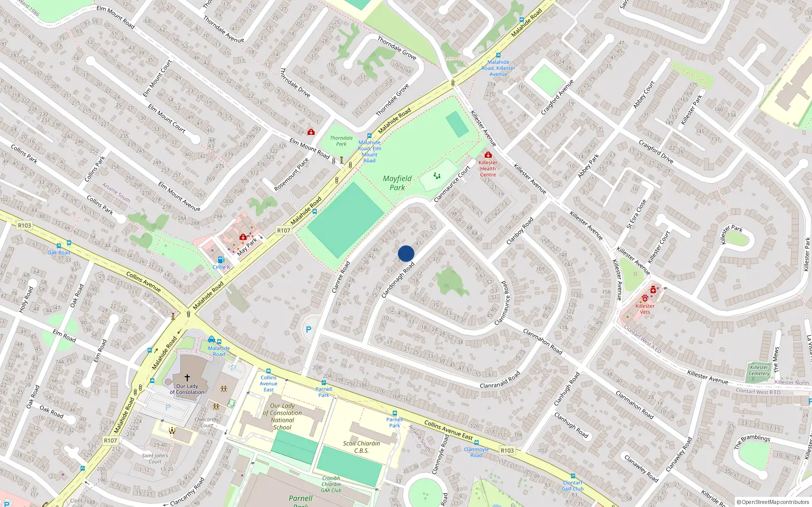 Overhead map showing the location of 39 Clandonagh Road, Donnycarney, Dublin 5