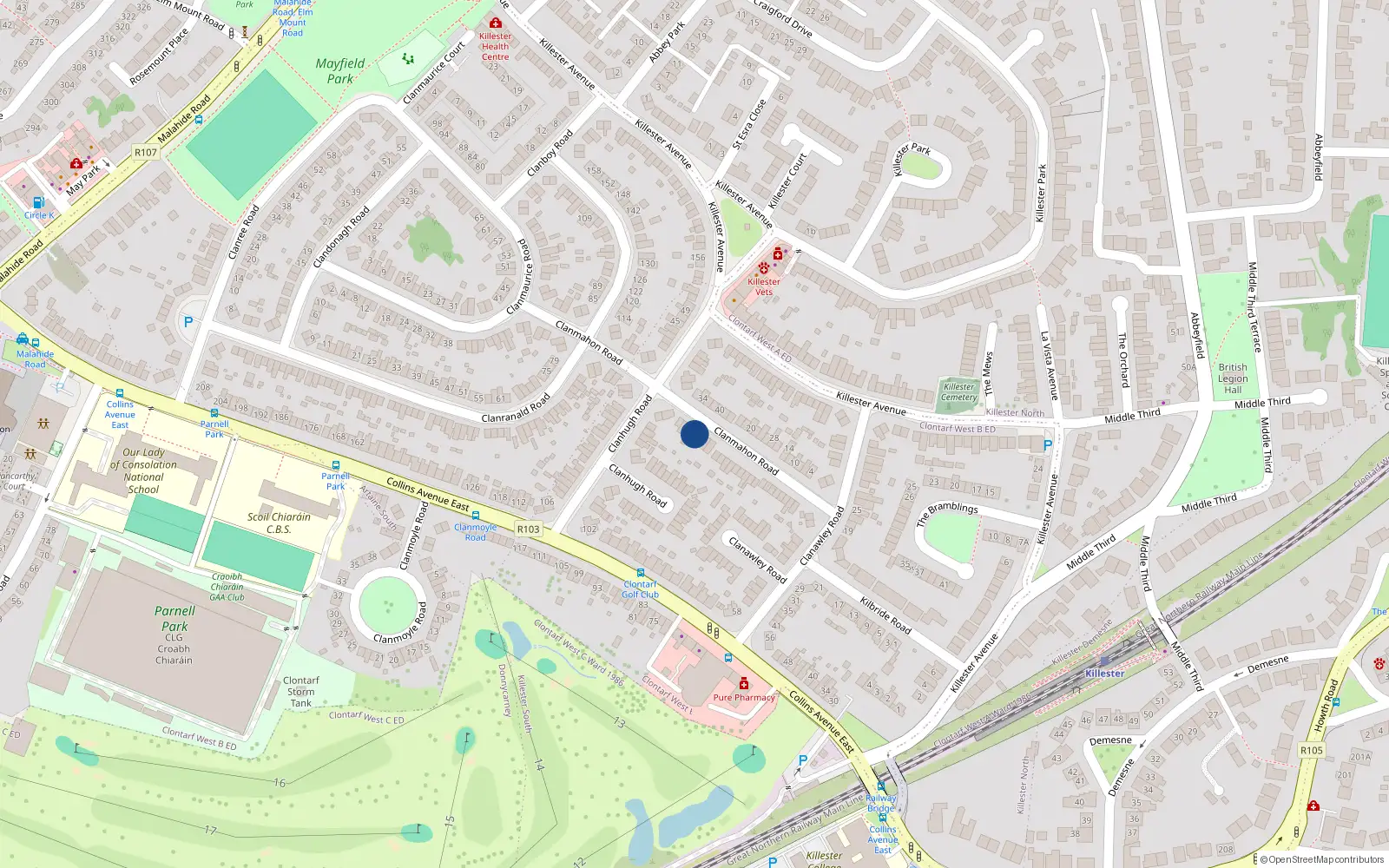Overhead map showing the location of 39 Clanmahon Road, Dublin 5