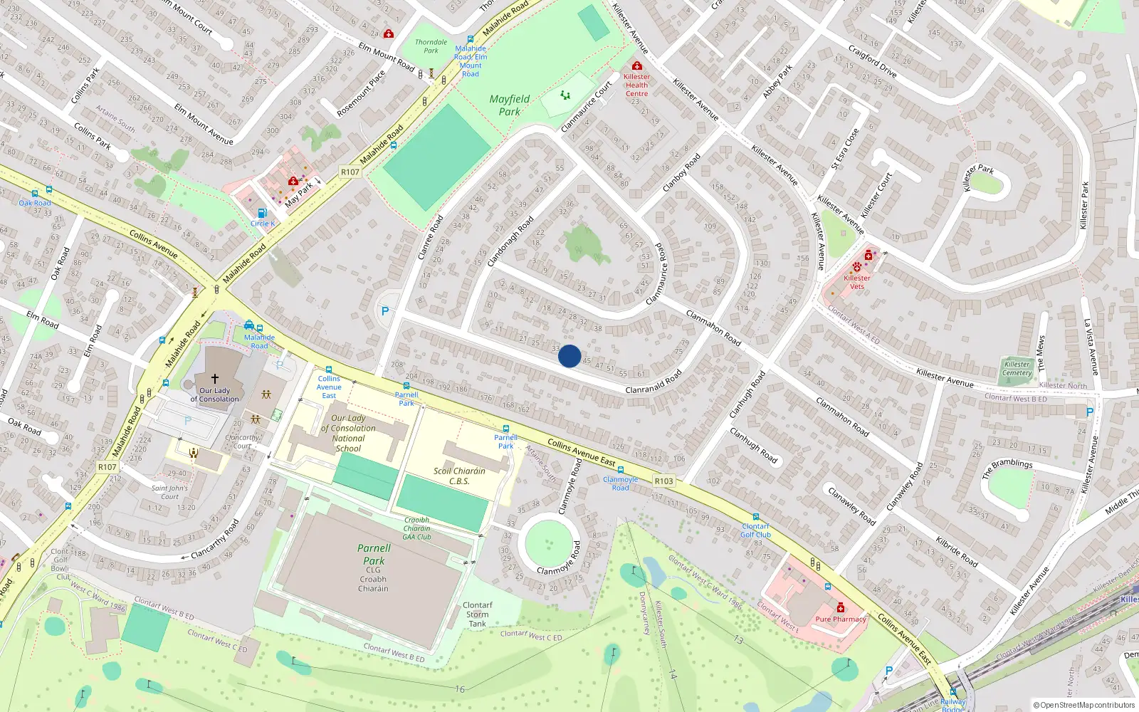 Overhead map showing the location of 39 Clanranald Road, Donneycarney, Dublin 5