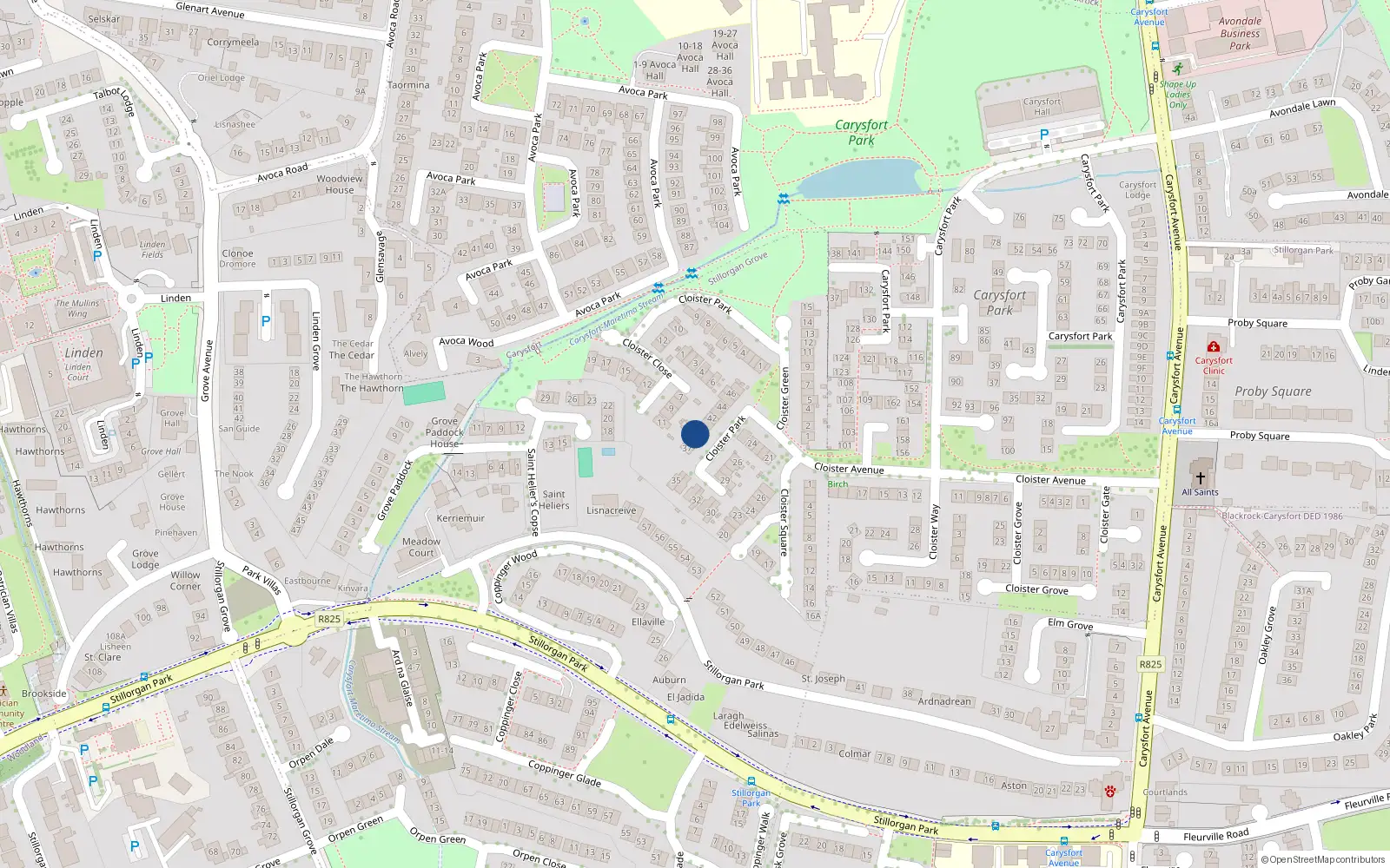 Overhead map showing the location of 39 Cloister Avenue, Blackrock