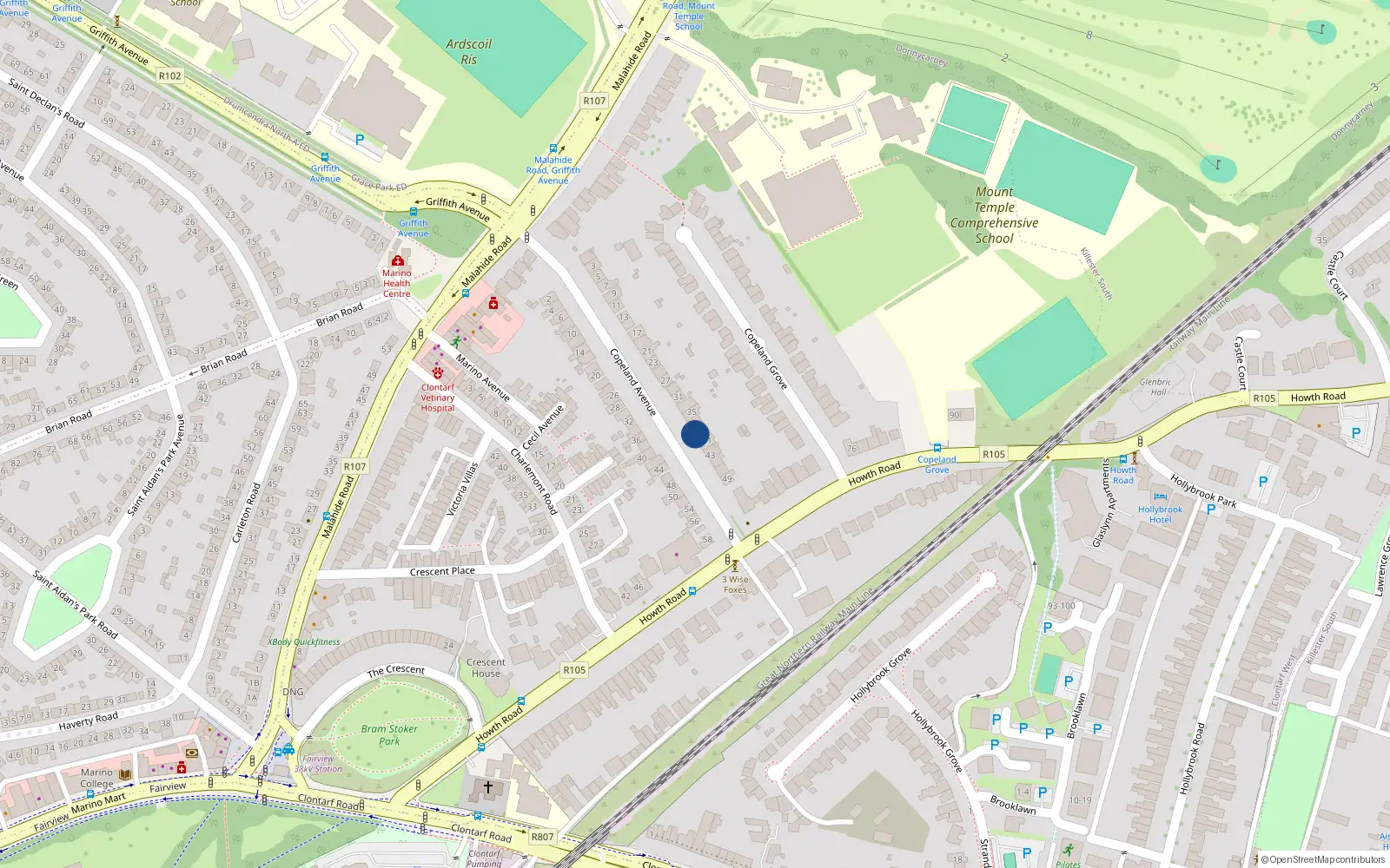 Overhead map showing the location of 39 Copeland Avenue, Clontarf, Dublin 3