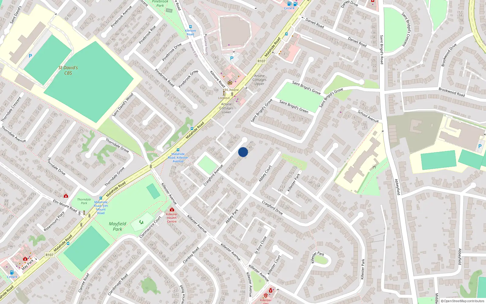 Overhead map showing the location of 39 Craigford Avenue, Artane, Dublin 5