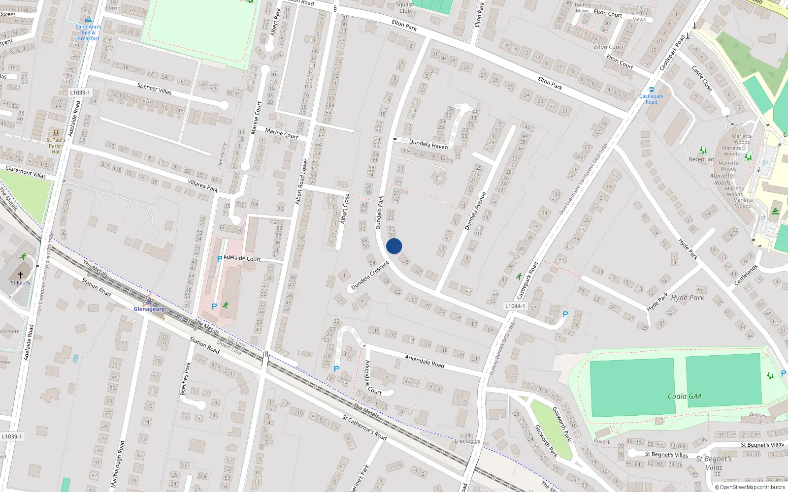 Overhead map showing the location of 39 Dundela Park, Sandycove, Dublin