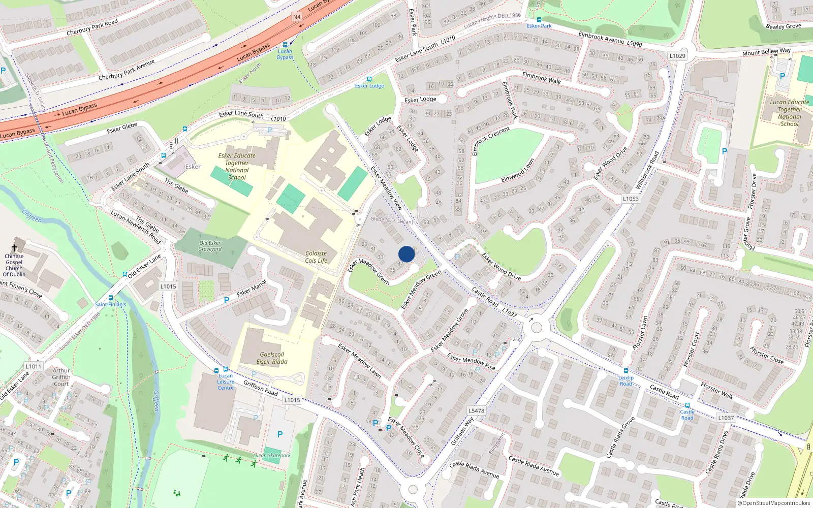 Overhead map showing the location of 39 Esker Meadow Green, Lucan