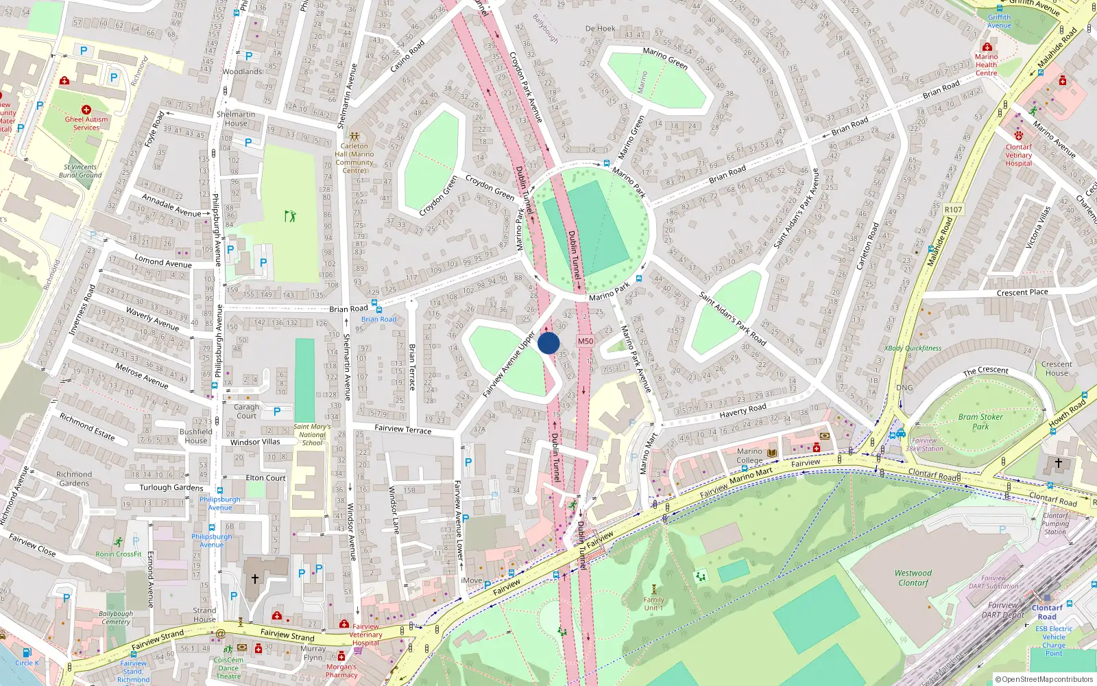Overhead map showing the location of 39 Fairview Green, Marino, Dublin 3