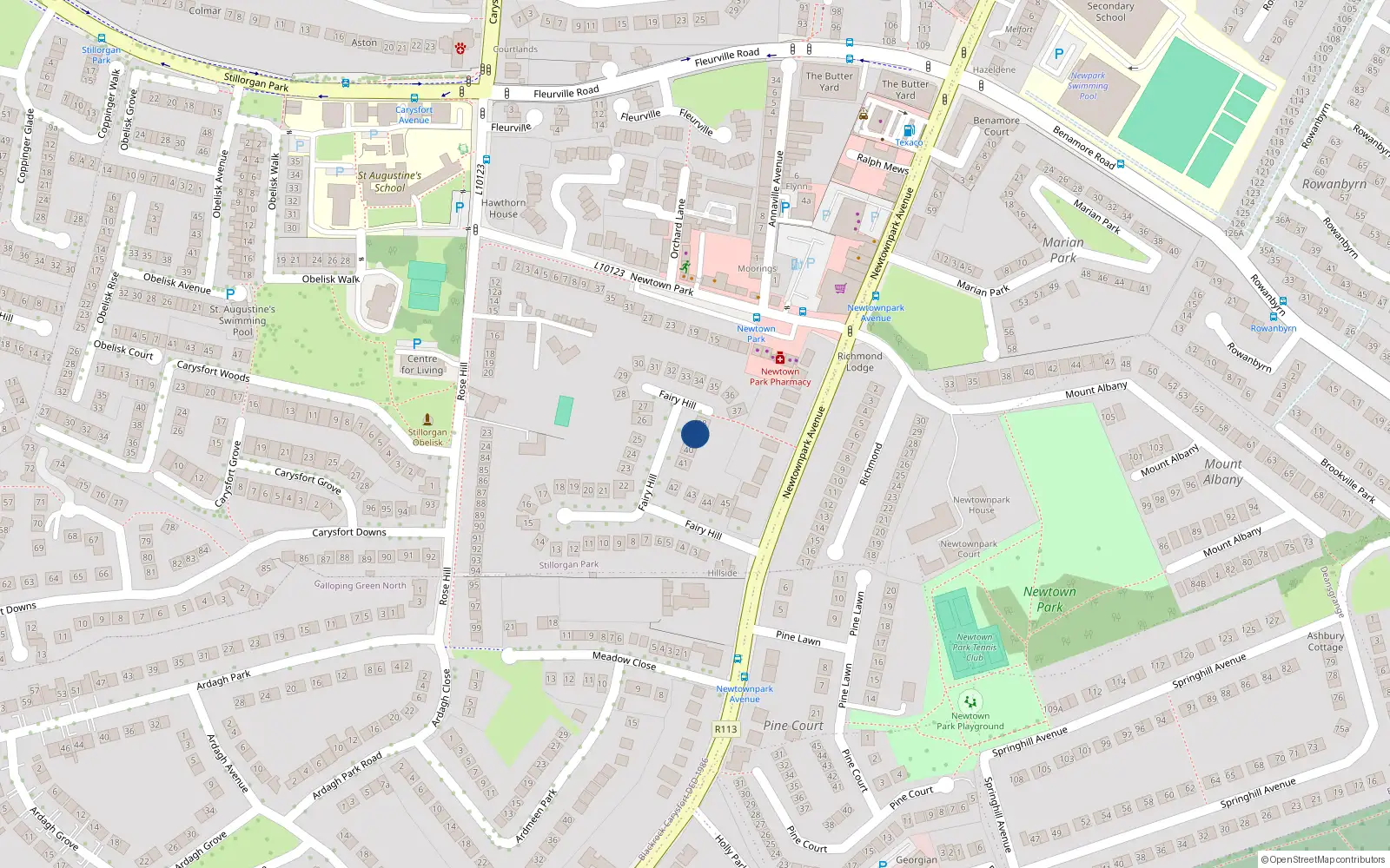 Overhead map showing the location of 39 Fairyhill, Blackrock, Dublin