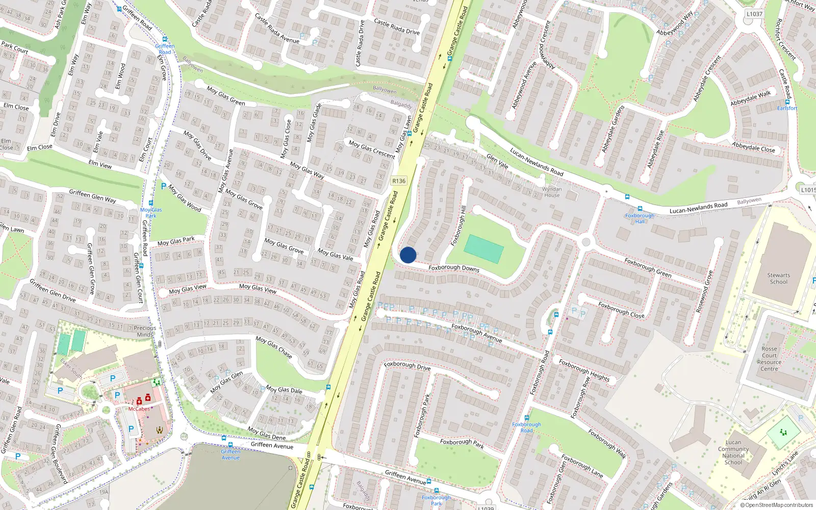 Overhead map showing the location of 39 Foxborough Downs, Lucan, Dublin