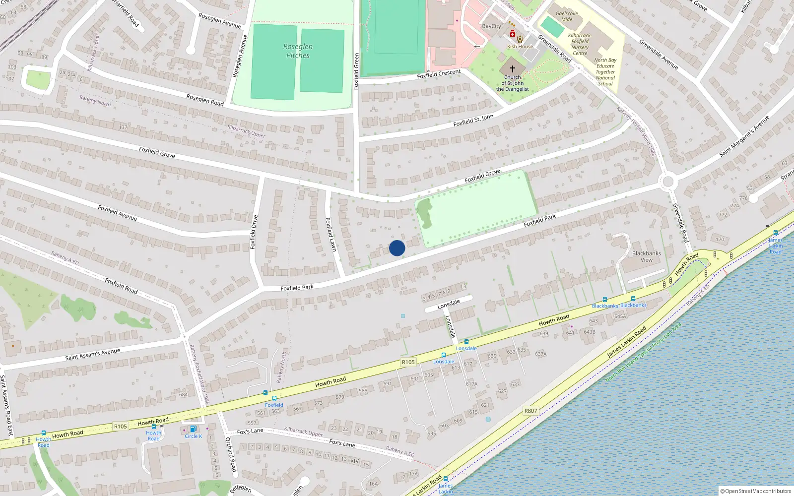 Overhead map showing the location of 39 Foxfield Park, Raheny, Dublin 5
