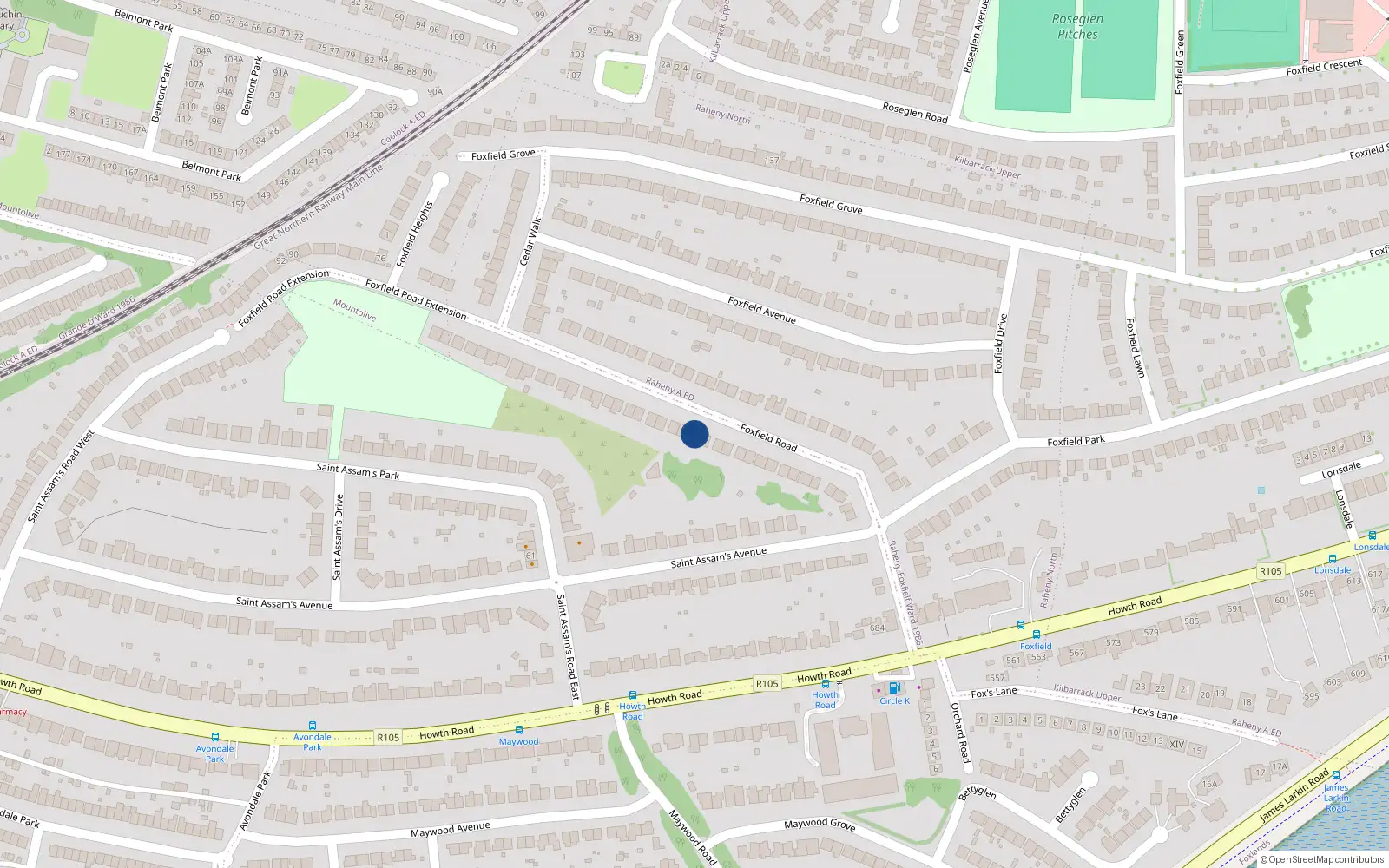 Overhead map showing the location of 39 Foxfield Road, Dublin 5