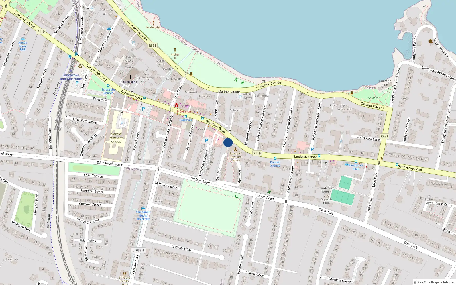 Overhead map showing the location of 39 Glasthule Road, Glasthule