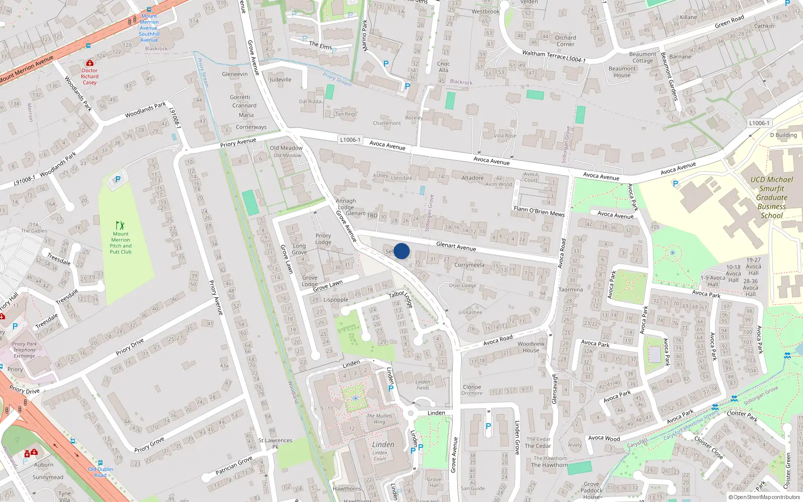 Overhead map showing the location of 39 Glenart Avenue, Blackrock, Dublin
