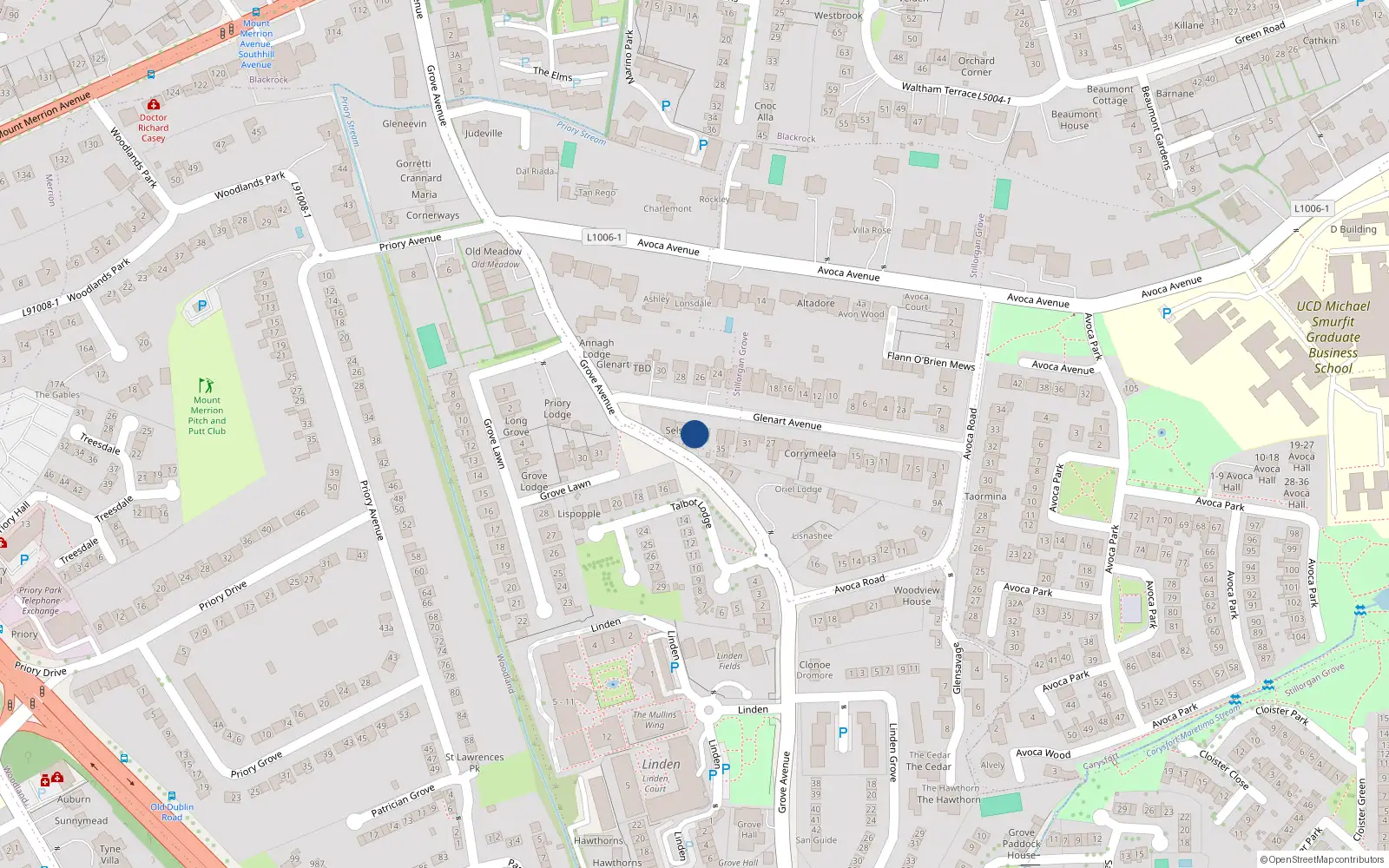 Overhead map showing the location of 39 Glenart Avenue, Blackrock