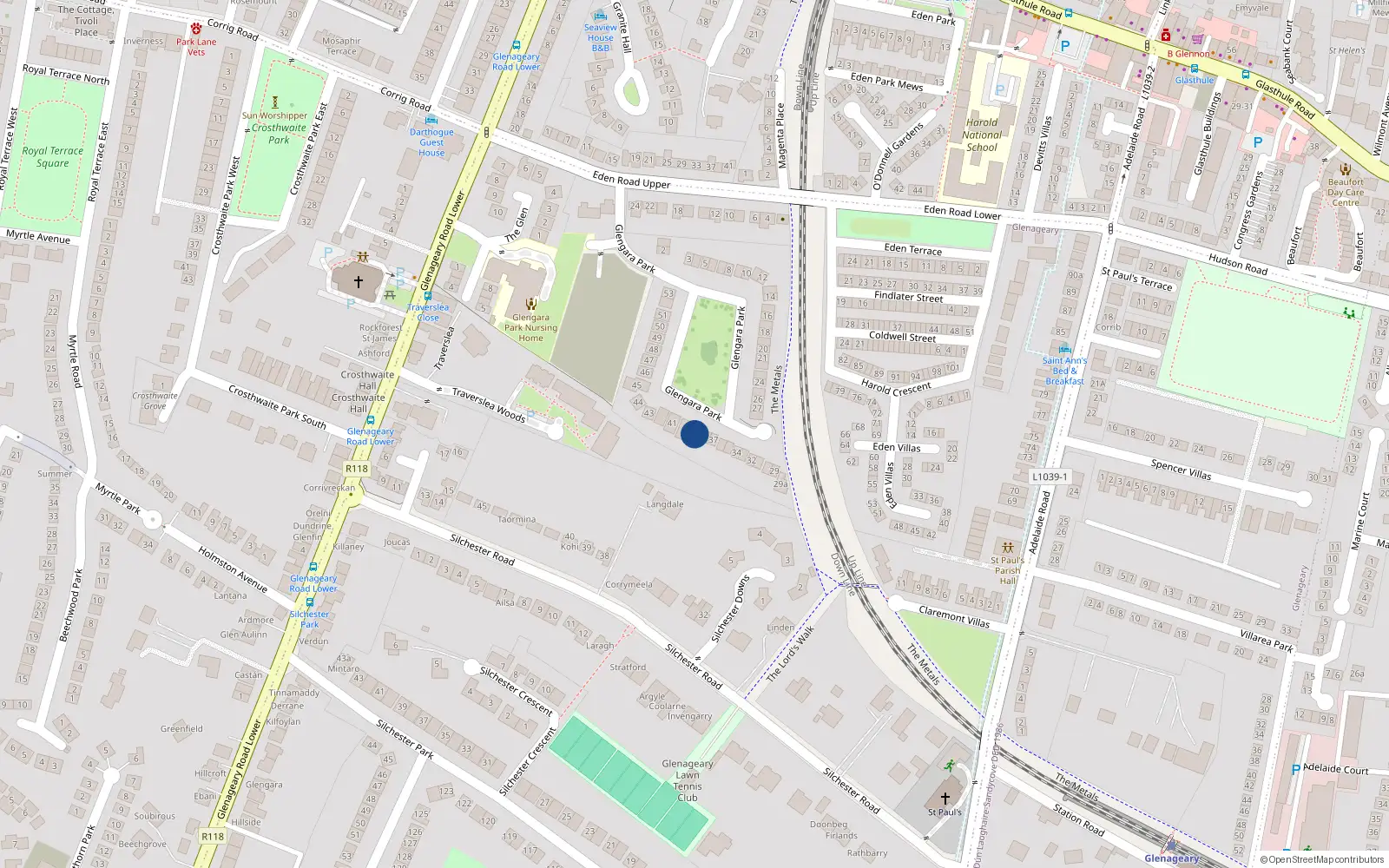 Overhead map showing the location of 39 Glengara Park, Glenageary, Dublin