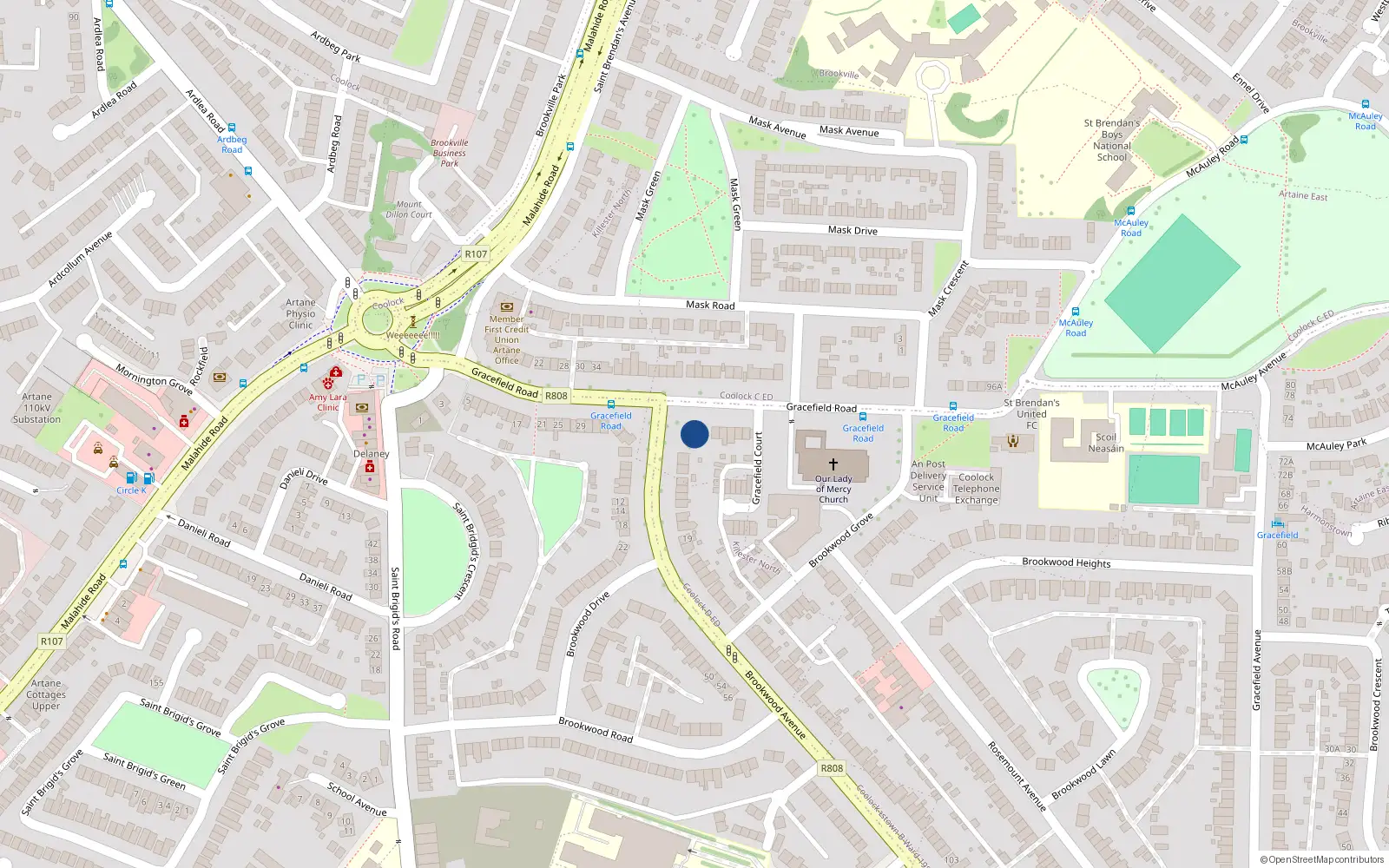 Overhead map showing the location of 39 Gracefield Road, Artane, Dublin, D05e9w4