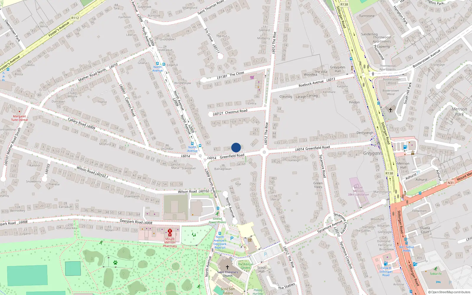 Overhead map showing the location of 39 Greenfield Road, Mount Merrion, Co Dublin