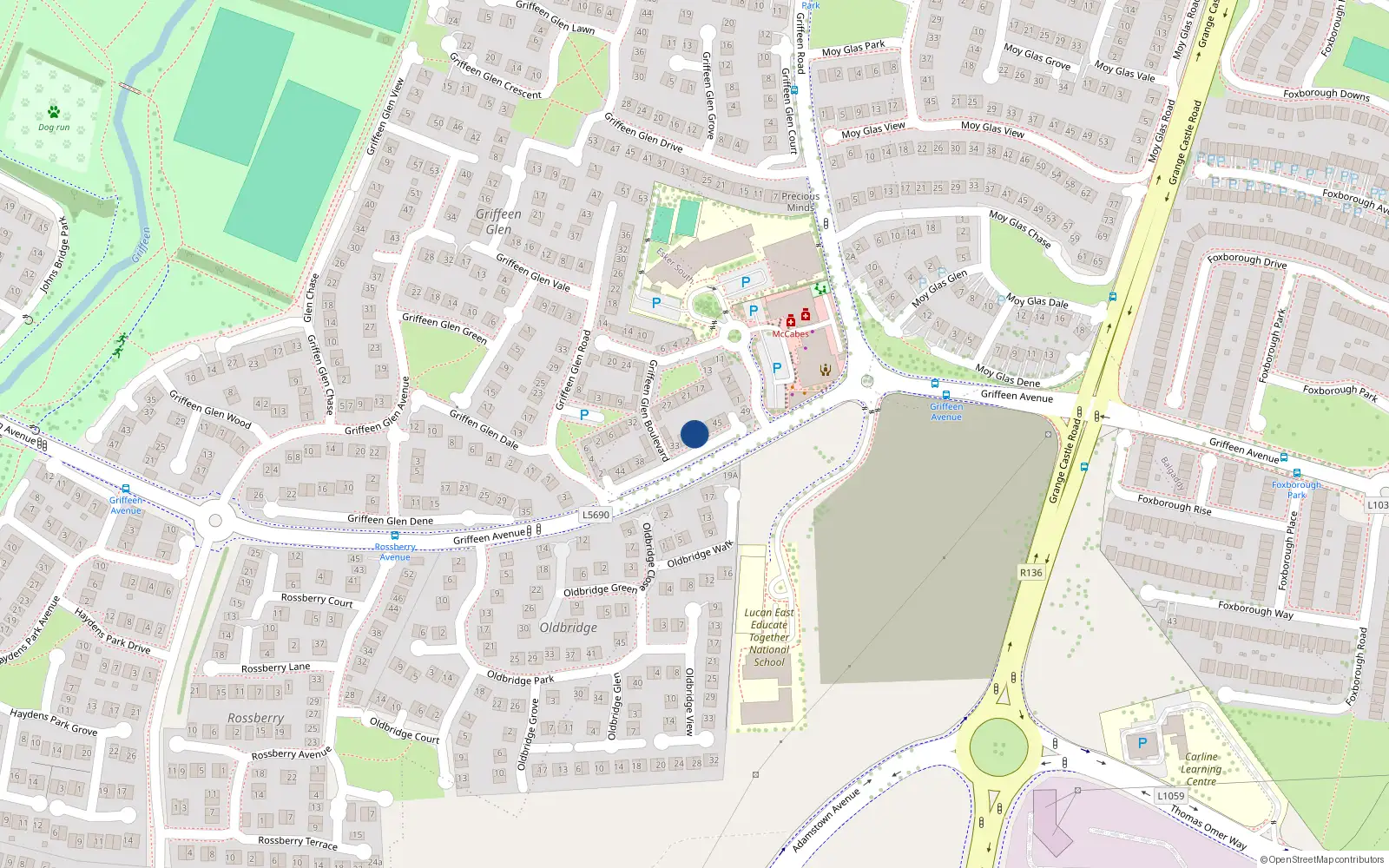 Overhead map showing the location of 39 Griffeen Glen Boulevard, Lucan