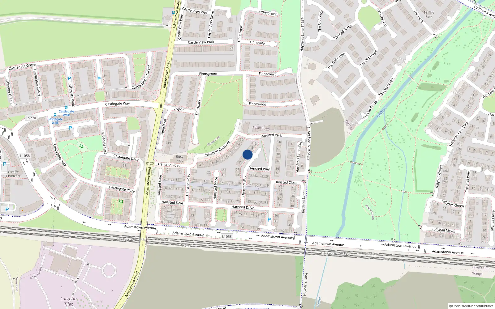 Overhead map showing the location of 39 Hansted Way, Lucan, Dublin