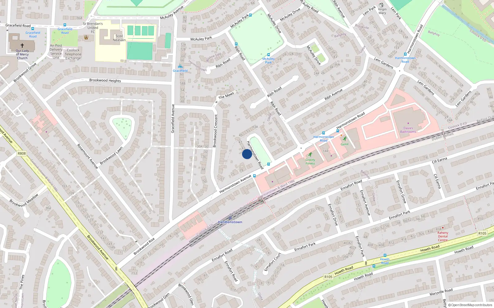Overhead map showing the location of 39 Harmonstown Road, Dublin