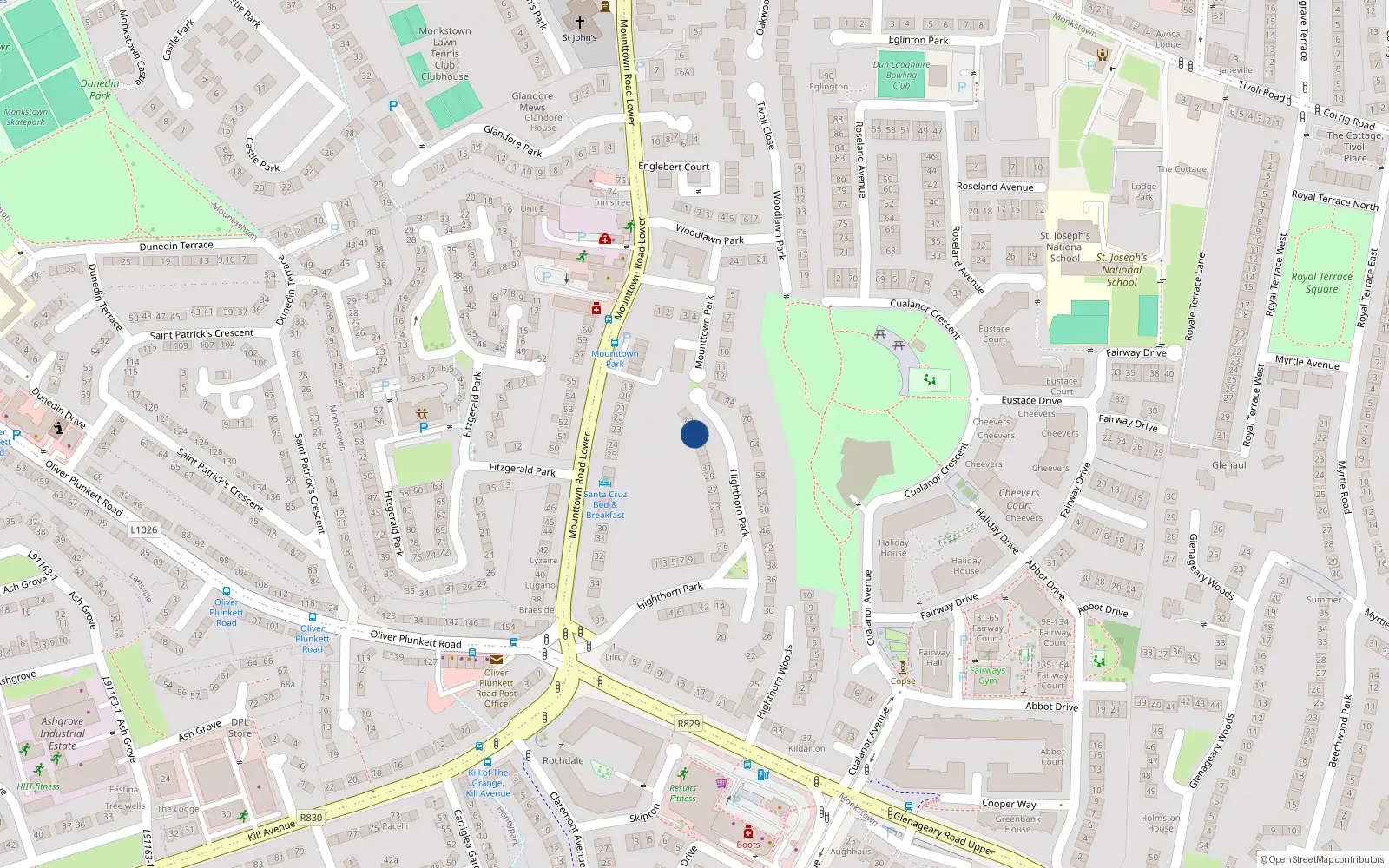 Overhead map showing the location of 39 Highthorn Park, Monkstown