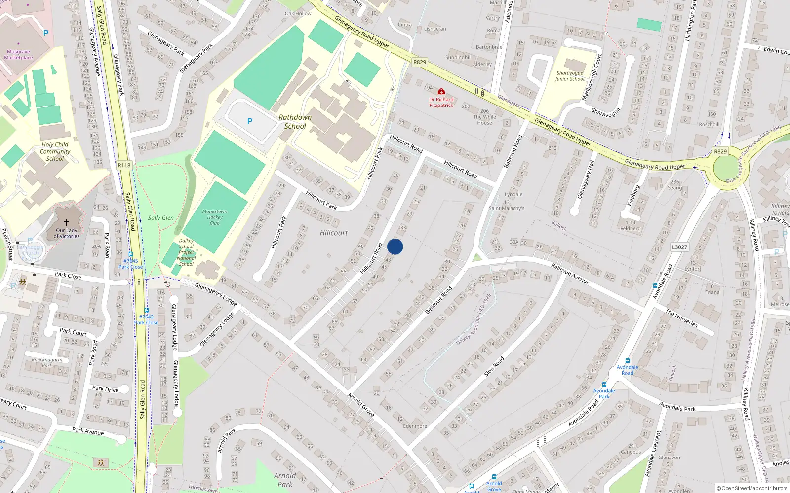 Overhead map showing the location of 39 Hillcourt Road, Co. Dublin