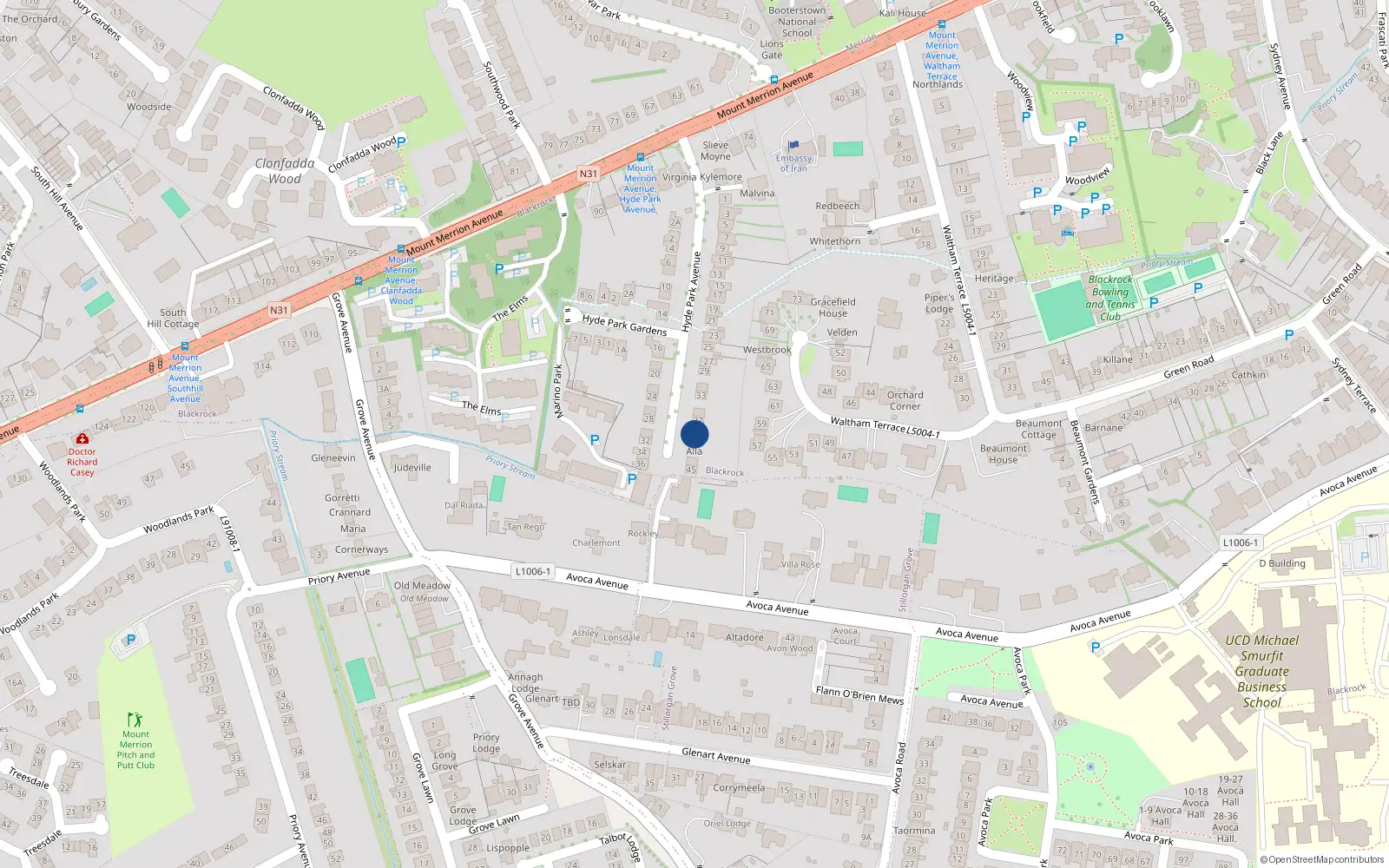 Overhead map showing the location of 39 Hyde Park Avenue, Blackrock, Dublin
