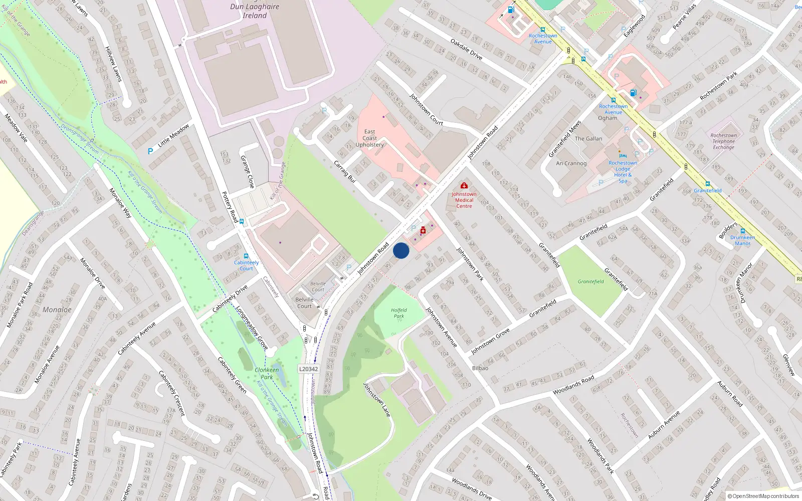 Overhead map showing the location of 39 Johnstown Road, Dun Laoghaire, Dublin