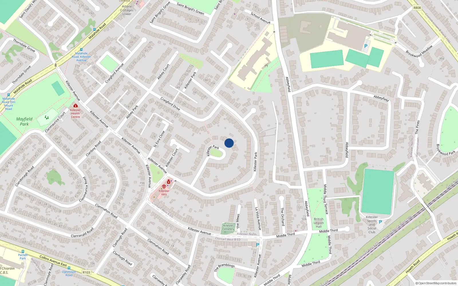 Overhead map showing the location of 39 Killester Park, Killester, Dublin 5