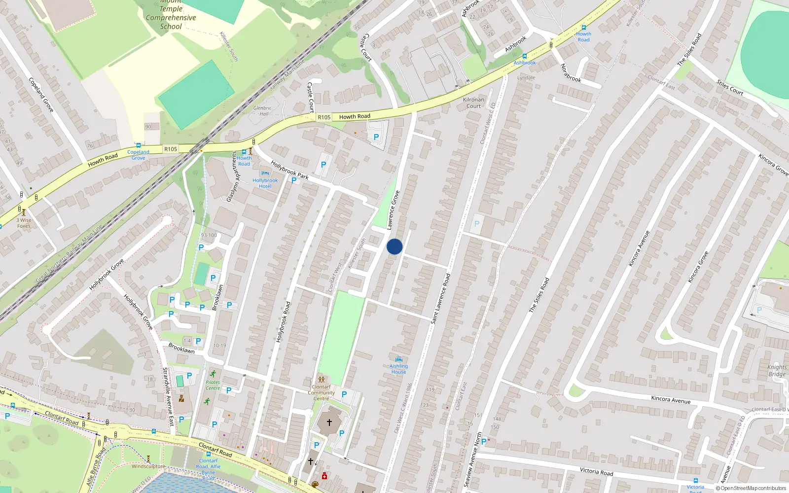 Overhead map showing the location of 39 Lawrence Grove, Clontarf, Dublin 3