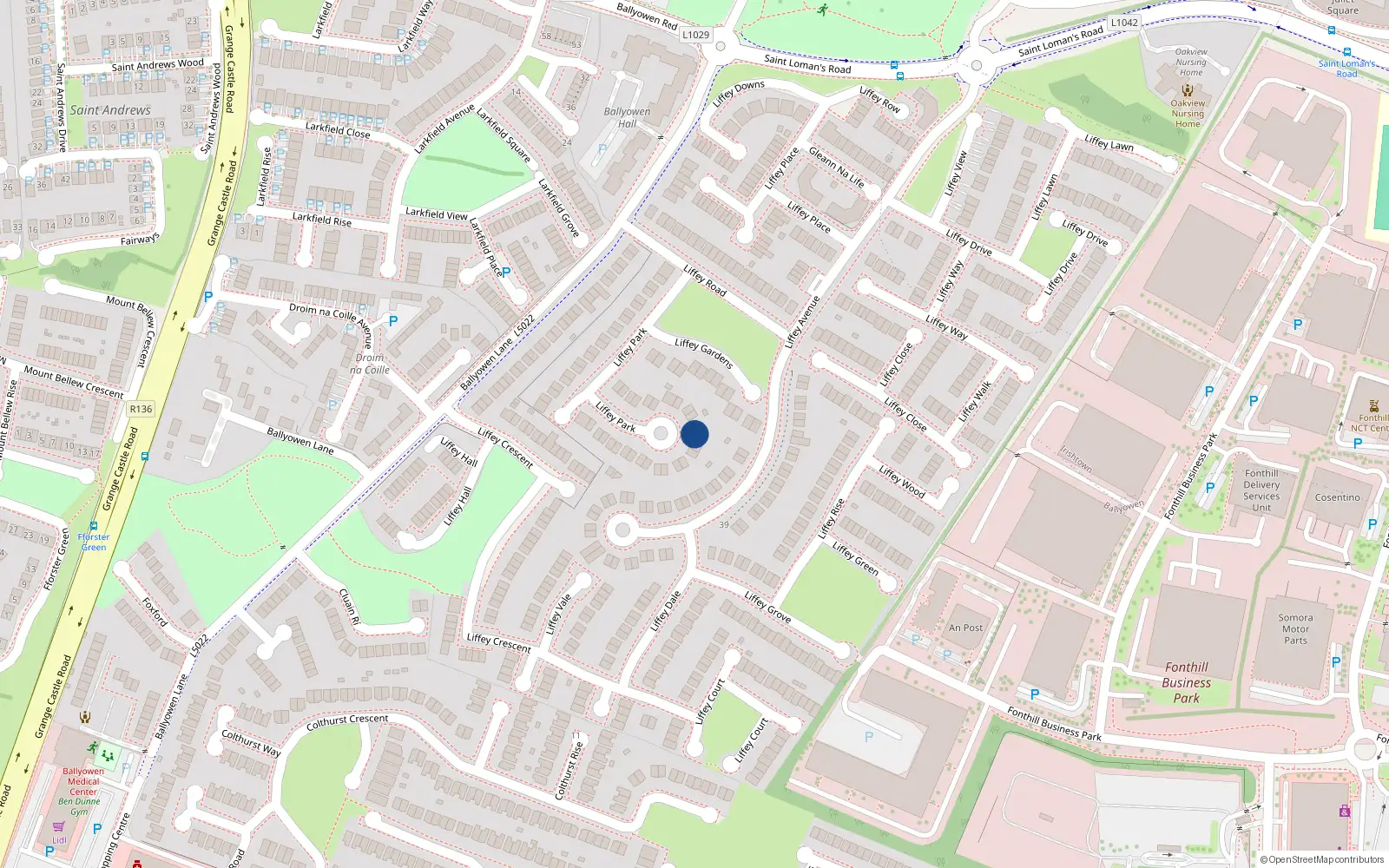 Overhead map showing the location of 39 Liffey Park, Liffey Valley Park, Lucan