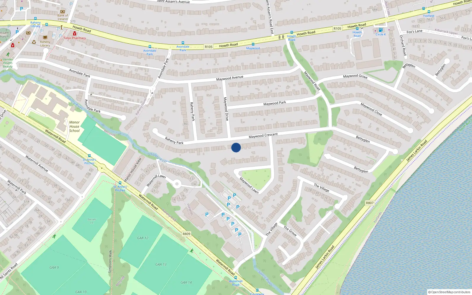 Overhead map showing the location of 39 Maywood Crescent, Dublin 5