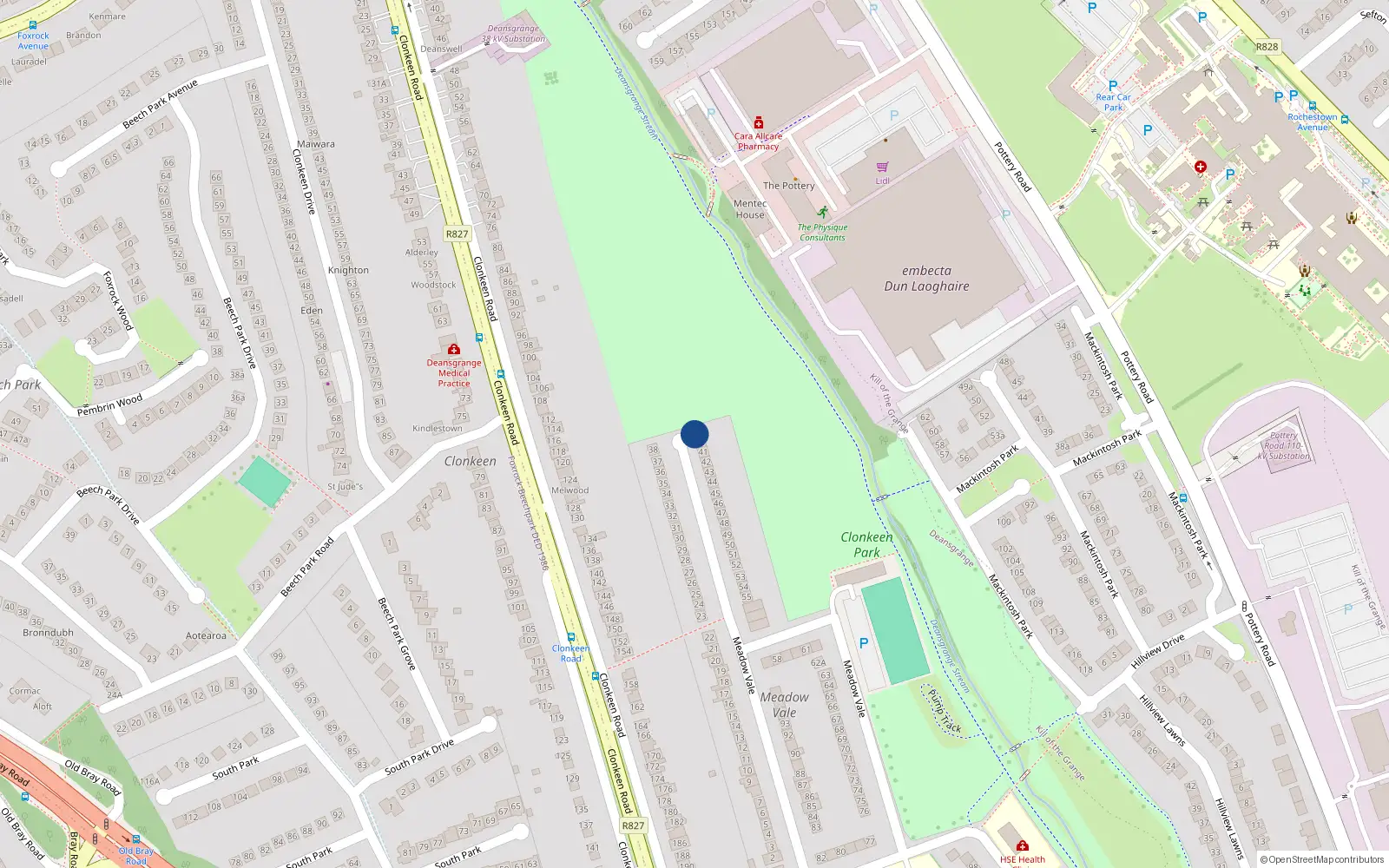 Overhead map showing the location of 39 Meadow Vale, Blackrock, Dublin