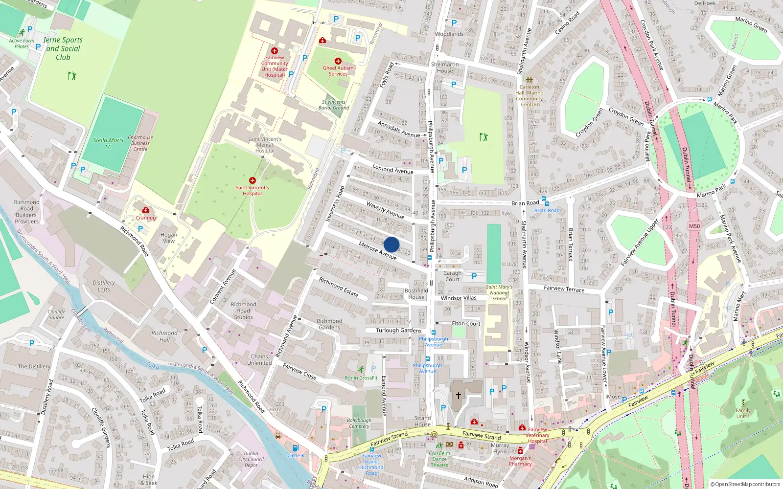 Overhead map showing the location of 39 Melrose Avenue, Dublin 3