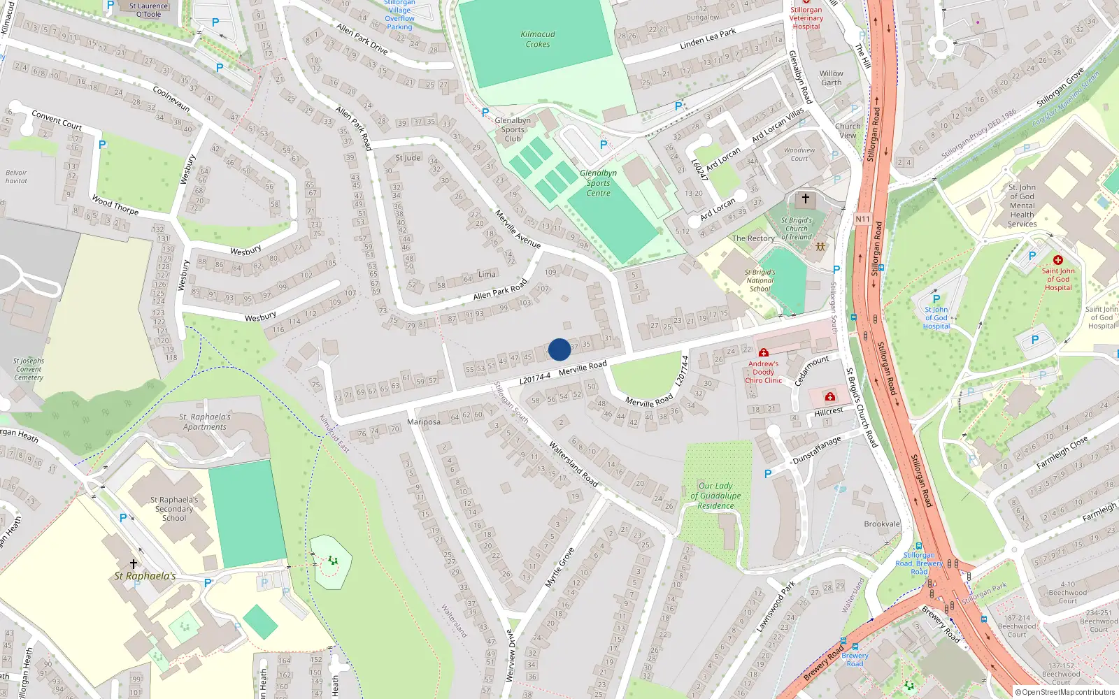 Overhead map showing the location of 39 Merville Road, Dublin