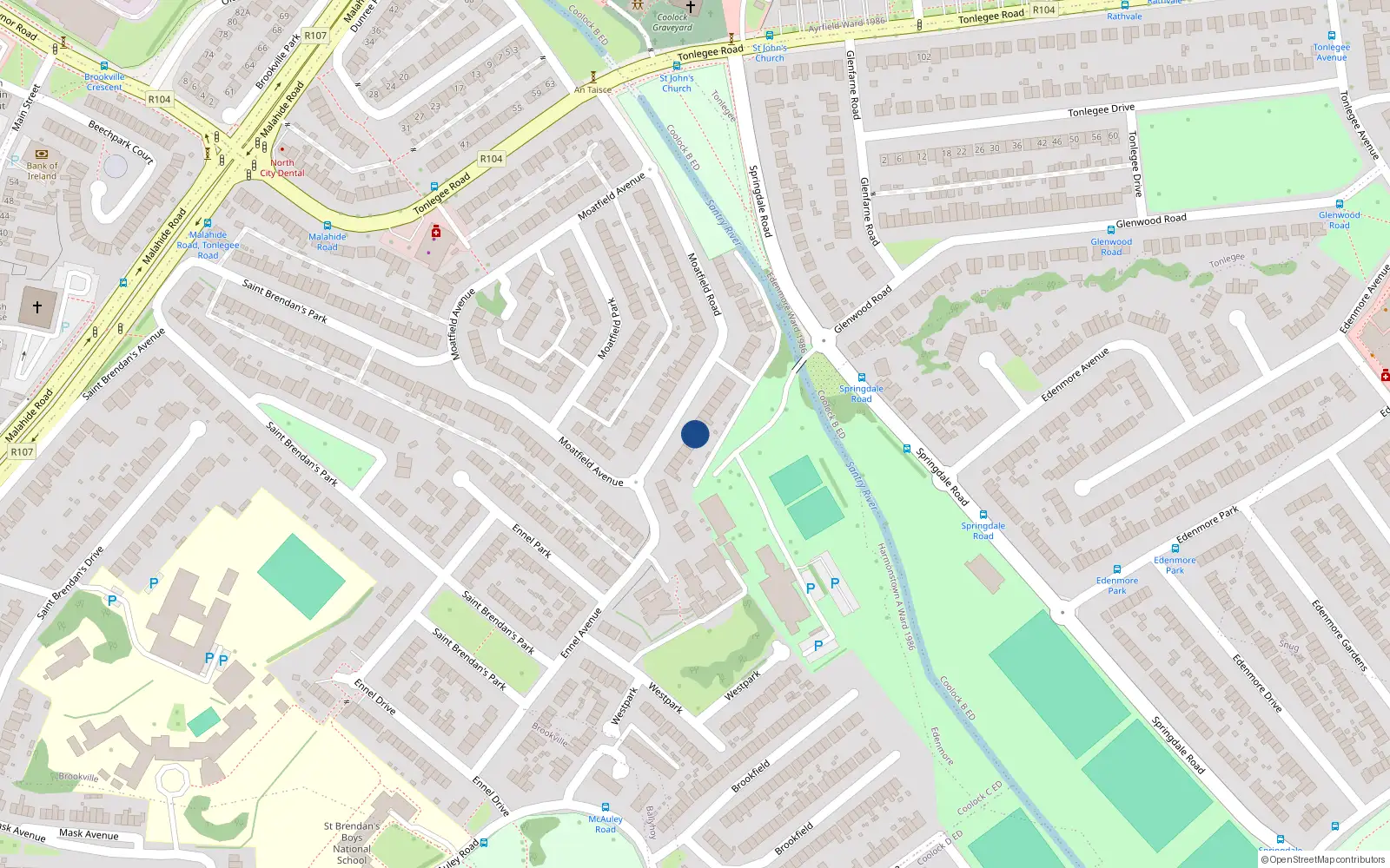 Overhead map showing the location of 39 Moatfield Road, Dublin 5