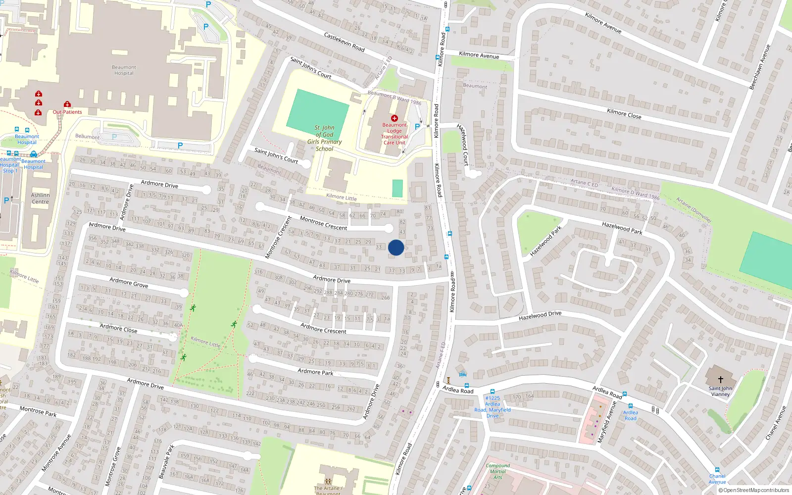 Overhead map showing the location of 39 Montrose Crescent, Artane, Dublin 5, D05t6f9