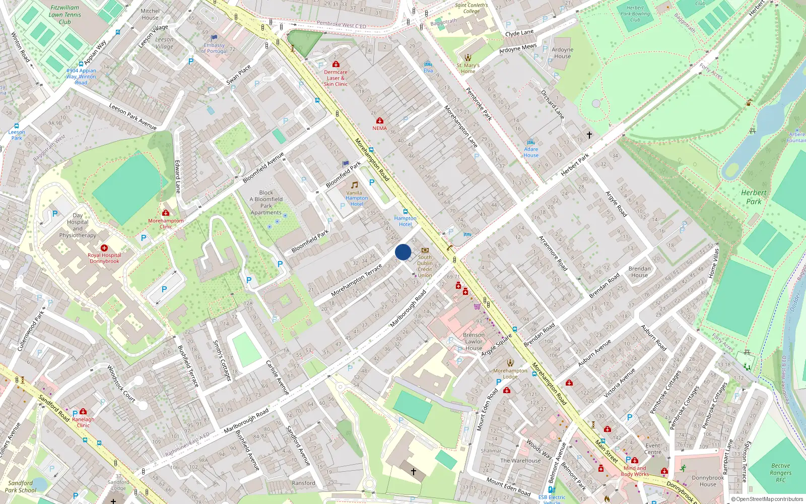Overhead map showing the location of 39 Morehampton Terrace, Donnybrook