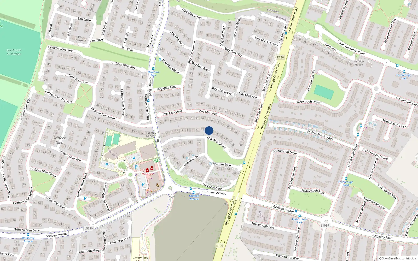 Overhead map showing the location of 39 Moy Glas Chase, Lucan