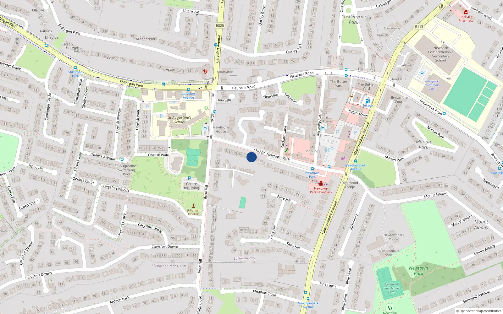 Overhead map showing the location of 39 Newtown Park, Blackrock