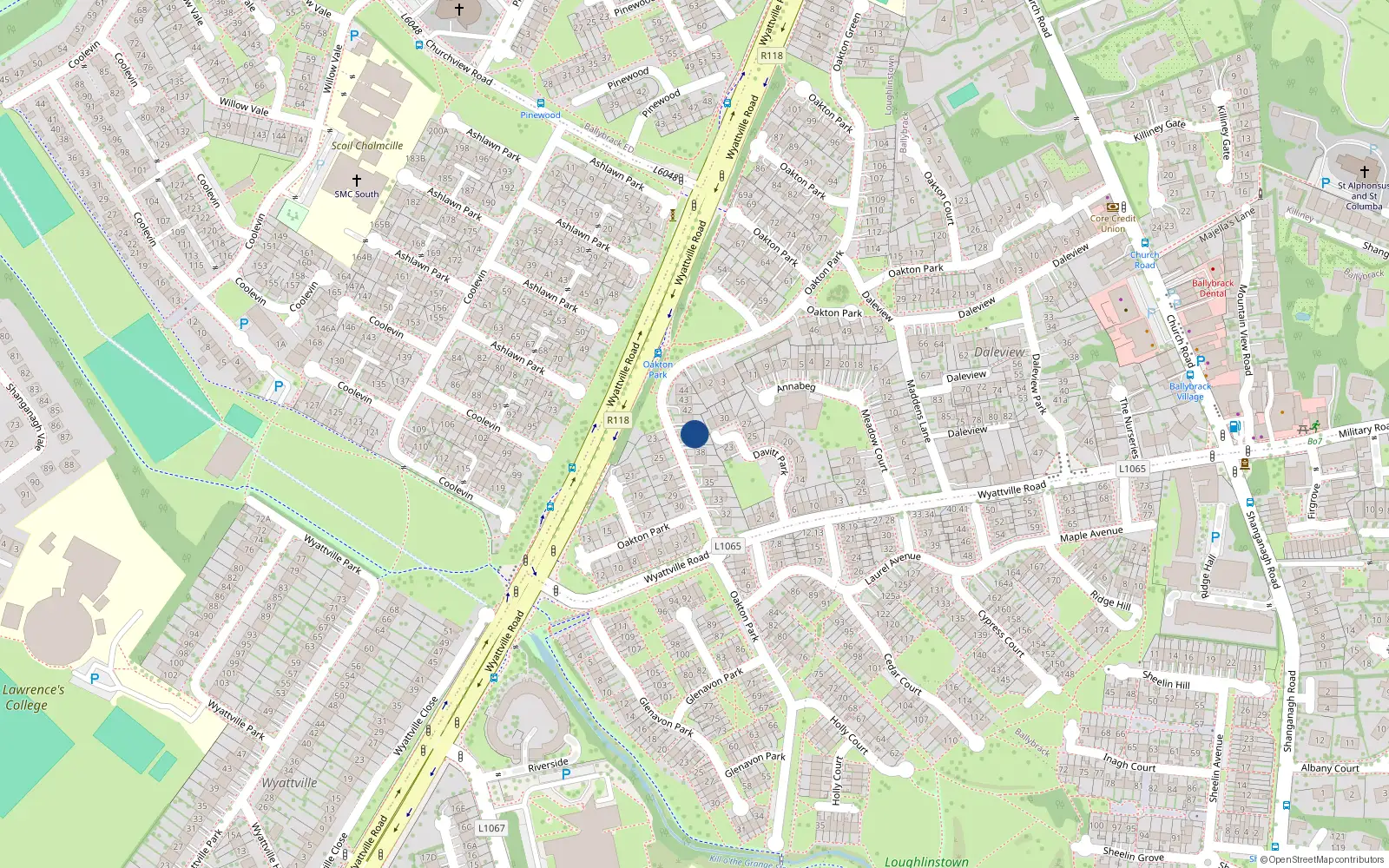 Overhead map showing the location of 39 Oakton Park, Ballybrack